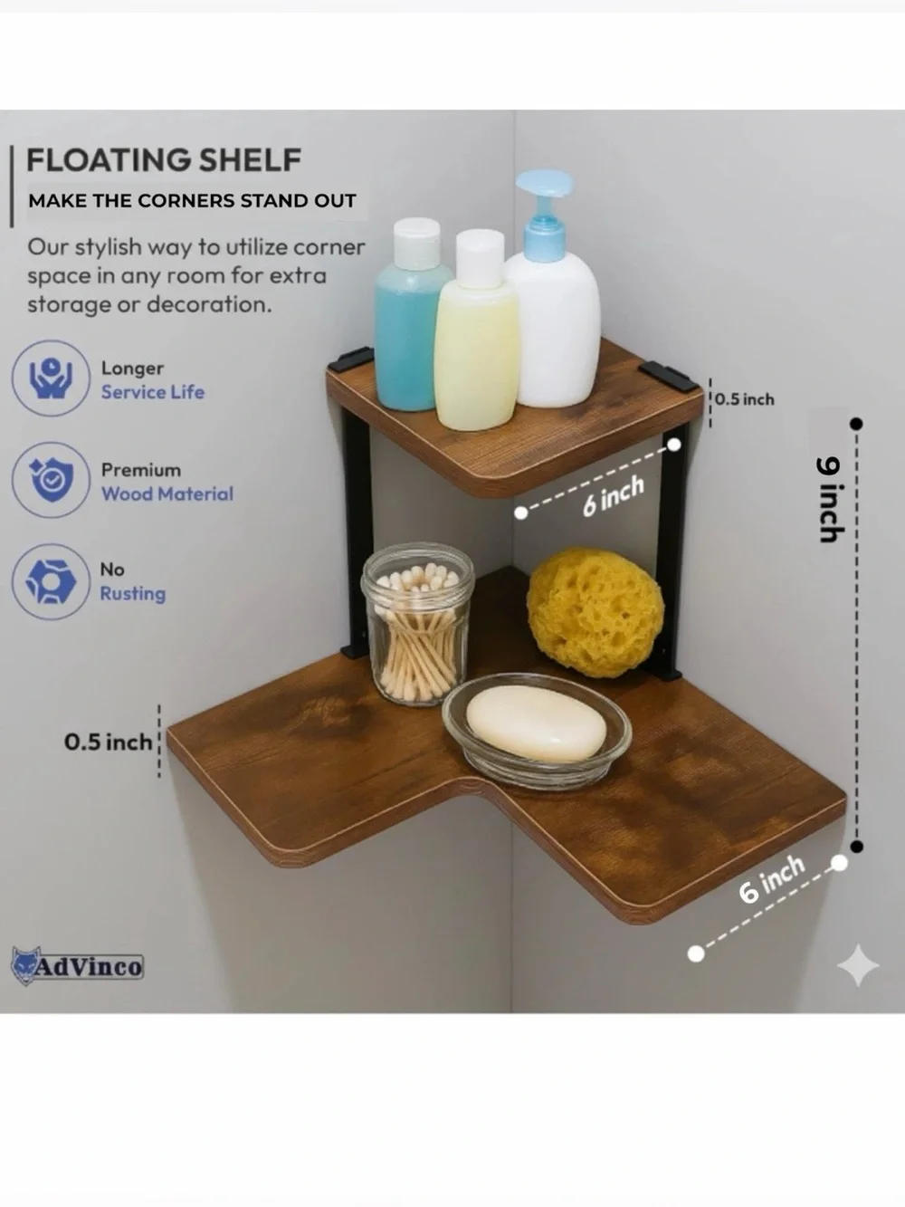 Rustic Brown Floating Wall Shelves Set of 2 with Corner Shelf